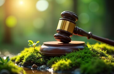 Large wooden gavel rests on mossy earth base. Green earth harmony, global environmental justice. Concept of sustainability, legal protection of nature. Symbolic image of ecological balance,