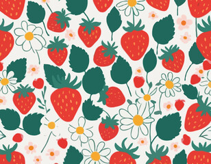 Strawberry and flowers hand drawn seamless pattern. Cute summer background for fabrics, decorative paper. Textile print for kids. Vector cartoon illustration.