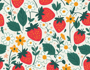 Strawberry and flowers hand drawn seamless pattern. Cute summer background for fabrics, decorative paper. Textile print for kids. Vector cartoon illustration.