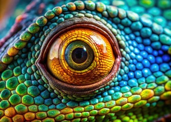 Obraz premium A chameleon's eye, a vibrant jewel, showcases nature's exotic beauty and biodiversity.