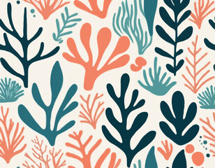 Collection of abstract seaweed aesthetic element and coral. Organic nature shapes in trendy Matisse art style. Contemporary collage. Ocean plants, underwater marine flora. Vector illustration.