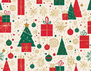 Christmas abstract geometric seamless pattern with holiday icons   for wrapping paper, background, wallpaper. Trendy modern festive print. Red, green, gold colors.