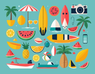Summer icons set. Holiday beach elements for tropical vacation. Minimalist geometric style. Boat, surfboard, watermelon, lemon, seashell, photo camera, palm tree. Vector flat illustration.