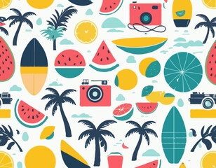 Summer icons set. Holiday beach elements for tropical vacation. Minimalist geometric style. Boat, surfboard, watermelon, lemon, seashell, photo camera, palm tree. Vector flat illustration.
