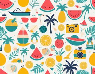 Summer icons set. Holiday beach elements for tropical vacation. Minimalist geometric style. Boat, surfboard, watermelon, lemon, seashell, photo camera, palm tree. Vector flat illustration.