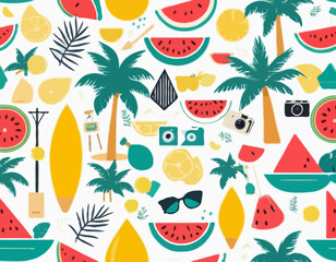 Summer icons set. Holiday beach elements for tropical vacation. Minimalist geometric style. Boat, surfboard, watermelon, lemon, seashell, photo camera, palm tree. Vector flat illustration.