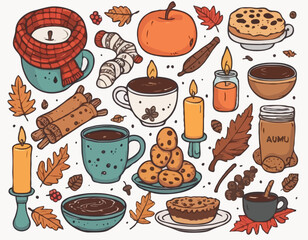 Set of hand drawn autumn doodles. Scarf, candles, hot cocoa, socks, pie, apple, jam, leaves, berries, acorns and mushrooms. Cozy fall collection. Cute season stickers. Vector illustration.