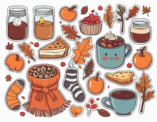 Set of hand drawn autumn doodles. Scarf, candles, hot cocoa, socks, pie, apple, jam, leaves, berries, acorns and mushrooms. Cozy fall collection. Cute season stickers. Vector illustration.