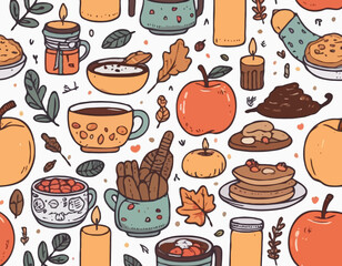 Set of hand drawn autumn doodles. Scarf, candles, hot cocoa, socks, pie, apple, jam, leaves, berries, acorns and mushrooms. Cozy fall collection. Cute season stickers. Vector illustration.