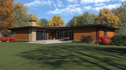 Fototapeta premium Modern Ranch House Architectural Design: Autumnal Setting