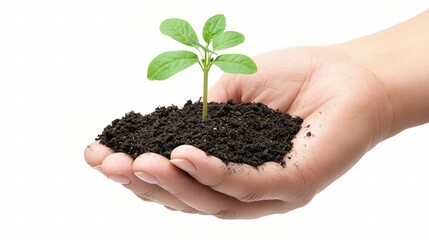 Hand Holding Green Seedling in Soil with Nature Background