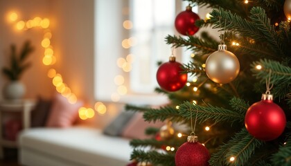 Fototapeta premium Cozy Christmas room setting with decorated tree. Shimmering lights, ornaments create warm atmosphere. Festive decorations enhance holiday cheer. Indoor room suggests family gathering celebration.