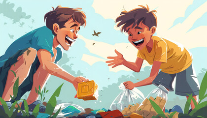 Two Boys Picking Up Litter in a Park