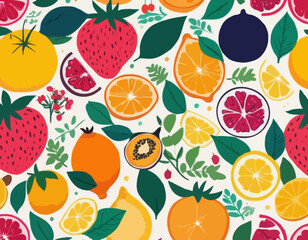 Collection hand drawn colorful abstract fruits, leaves and flowers. Natural tropical fruits. Strawberry, peach, lemon, pomegranate, fig, orange. Vector illustration.