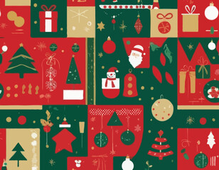 Christmas geometric seamless pattern with holiday icons elements  for wrapping paper, background, wallpaper. Trendy modern contemporary abstract print. Red, green, gold colors.