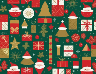Christmas geometric seamless pattern with holiday icons elements  for wrapping paper, background, wallpaper. Trendy modern contemporary abstract print. Red, green, gold colors.