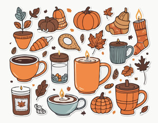 Autumn hand drawn sticker set. Cozy hygge fall icons. Scarf, candle, hot chocolate, socks, pie, pumpkin spice latte, mug, jam, leaves, mushroom. Cute autumn doodle. Vector flat illustration.