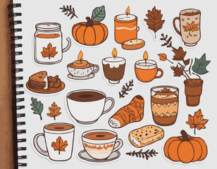 Autumn hand drawn sticker set. Cozy hygge fall icons. Scarf, candle, hot chocolate, socks, pie, pumpkin spice latte, mug, jam, leaves, mushroom. Cute autumn doodle. Vector flat illustration.