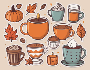 Autumn hand drawn sticker set. Cozy hygge fall icons. Scarf, candle, hot chocolate, socks, pie, pumpkin spice latte, mug, jam, leaves, mushroom. Cute autumn doodle. Vector flat illustration.