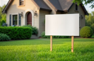 Empty yard sign stands in green grass in front of house. Blank sign ready for custom message. Real estate sign mockup. Property sale business advertisement potential. Excellent for marketing