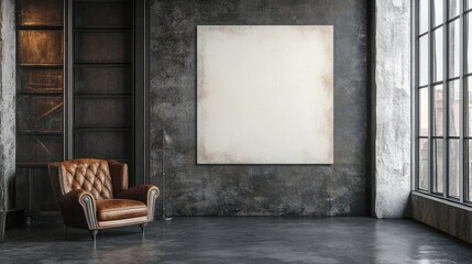 Rustic Industrial Loft Interior Design with Leather Armchair and Blank Canvas