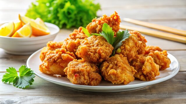 Golden-brown Japanese karage chicken, a delicious fried delight, showcases vibrant Asian cuisine.