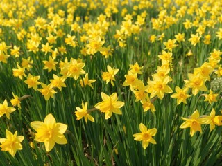 Obraz premium Sunlit field of vibrant yellow daffodils, swaying gently in the breeze, sunny, fresh