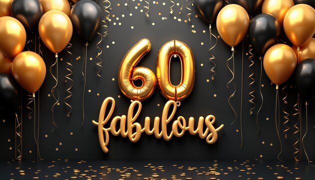 Gold balloons, confetti decorate black backdrop. Sixty balloons, Fabulous sign present. Scene evokes celebratory atmosphere for 60th birthday party. Glamorous party for milestone birthday.