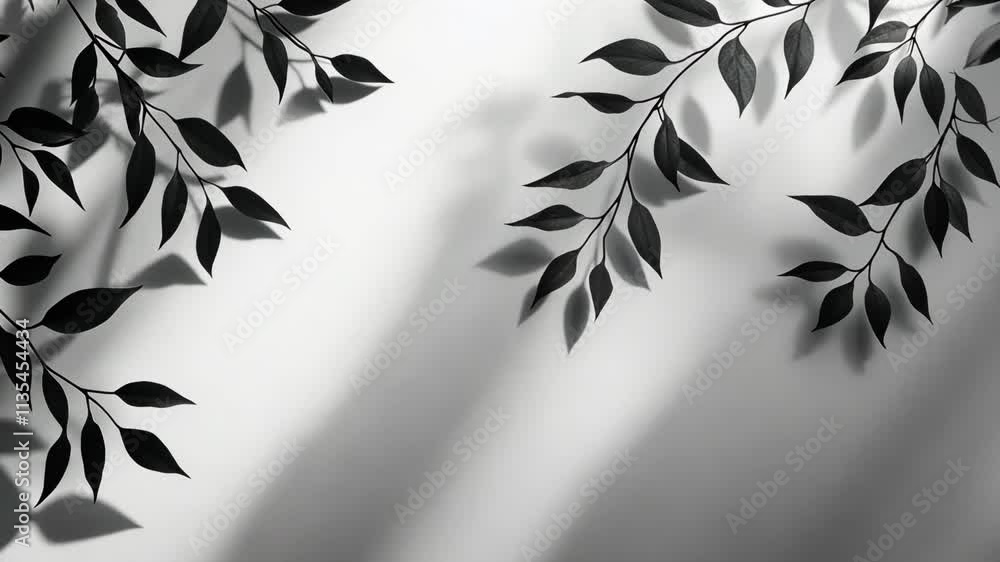 Poster artistic composition of leaves creating shadows on a light background in a minimalist style
