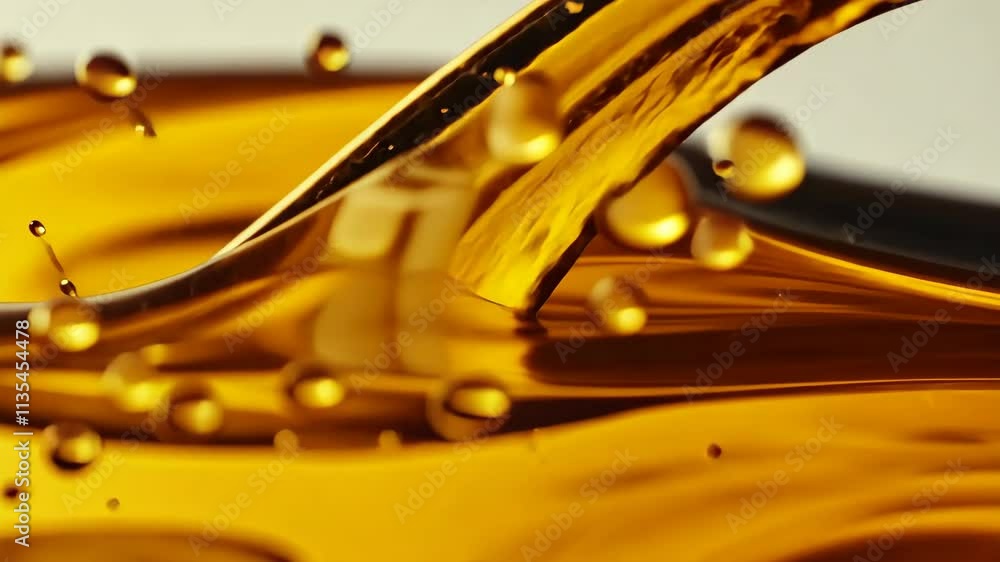 Poster golden liquid flows gracefully, capturing light and creating bubbles in a close-up setting