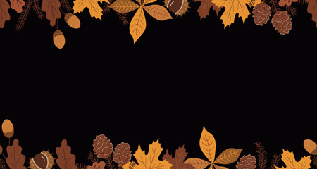 Fall Seamless Border. Frame. Autumn Banner. Autumn Leaves, Acorns, Chestnut, Maple, Oak, Chestnut Leaves. Vector Illustration in Yellow, Brown on Black Background © irynaalex
