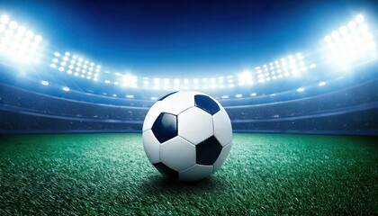 Fototapeta premium Soccer ball on the grass in a modern stadium with blue bright floodlights. Soccer World Cup.