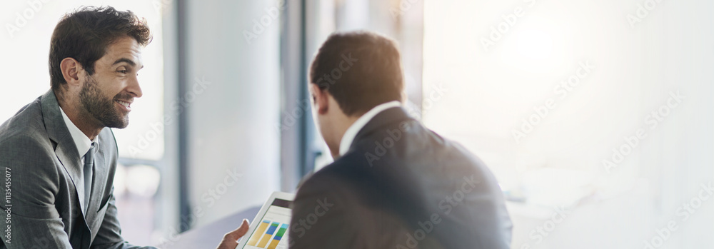 Poster data, advice and men in office with tablet, banner space and planning for sales development. charts,
