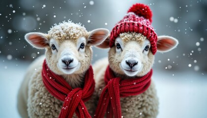 Two adorable sheep wearing warm red knitted hats, scarves in snowy winter scene. Sheep look directly at viewer. Snowy winter background out of focus. Festive, cozy image suitable for Christmas banner