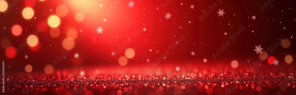 Poster Red festive background with sparkles, bokeh lights. Ideal for Christmas New Year celebrations. Sparkling glitter decorates bottom part of design. Soft glowing bokeh lights create magical atmosphere.