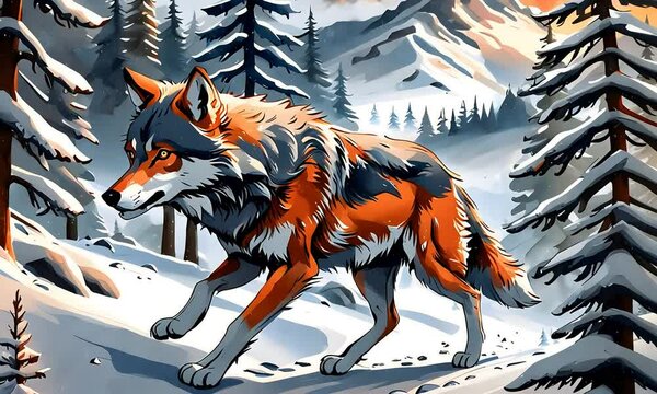 Winter, wolf runs through snowy forest - horizontal video