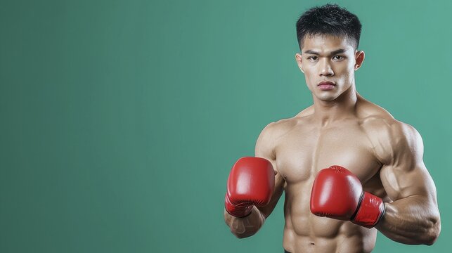 Muscular Boxer, Red Gloves, Green Background | Masculinity - Powered by Adobe