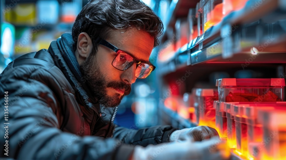 Poster a focused individual examines glowing containers in a lab setting.