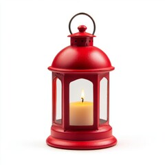 Red lantern with candle inside isolated on white background