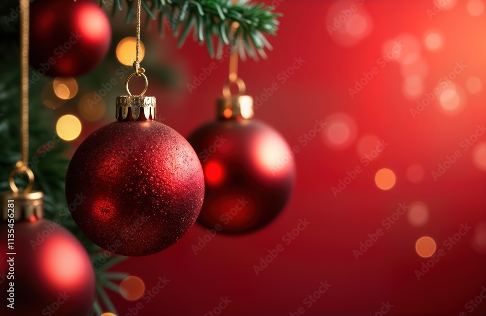 Poster festive red christmas ornaments hang on christmas tree. bokeh lights create warm, joyful atmosphere.