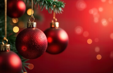 Festive red Christmas ornaments hang on Christmas tree. Bokeh lights create warm, joyful atmosphere. Ornaments shiny, round. Background deep red with soft light bokeh. Image evokes traditional