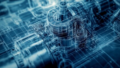 Obraz premium Intricate blueprint of an industrial engine highlighting energy flow and mechanical design details