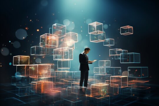 Businessman assembling digital blocks to create a structure symbolizing growth and innovation