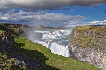 Gullfoss Falls, Golden Falls waterfall rainbow on the HvÃ­tÃ¡ river, tourist attraction Golden Circle Route in Southwest Iceland, Scandinavia, Europe.
