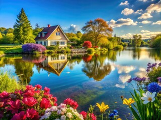 Obraz premium Tranquil lake house, vibrant blooms mirrored in serene blue waters.