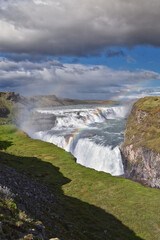 Gullfoss Falls, Golden Falls waterfall rainbow on the HvÃ­tÃ¡ river, tourist attraction Golden Circle Route in Southwest Iceland, Scandinavia, Europe.
