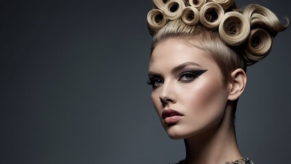 Avant-garde updo with intricate curls and sharp makeup