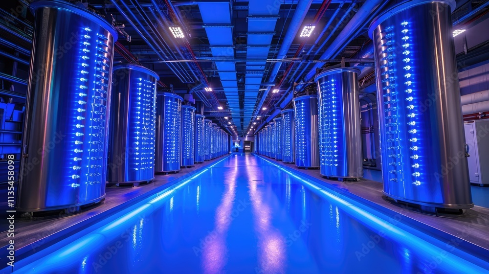 Poster a futuristic data center with illuminated servers in a high-tech environment.