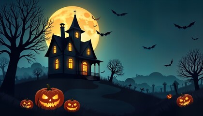 Spooky Halloween night scene. Old house with lit windows stands on hill. Full moon, bats, pumpkins displayed. Dark, autumnal illustration. Creepy, spooky, holiday vibe for Halloween. Scary haunted