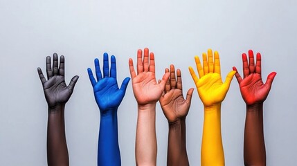 Obraz premium Unity in Diversity: Multi-Racial Group Celebrating with Raised Hands